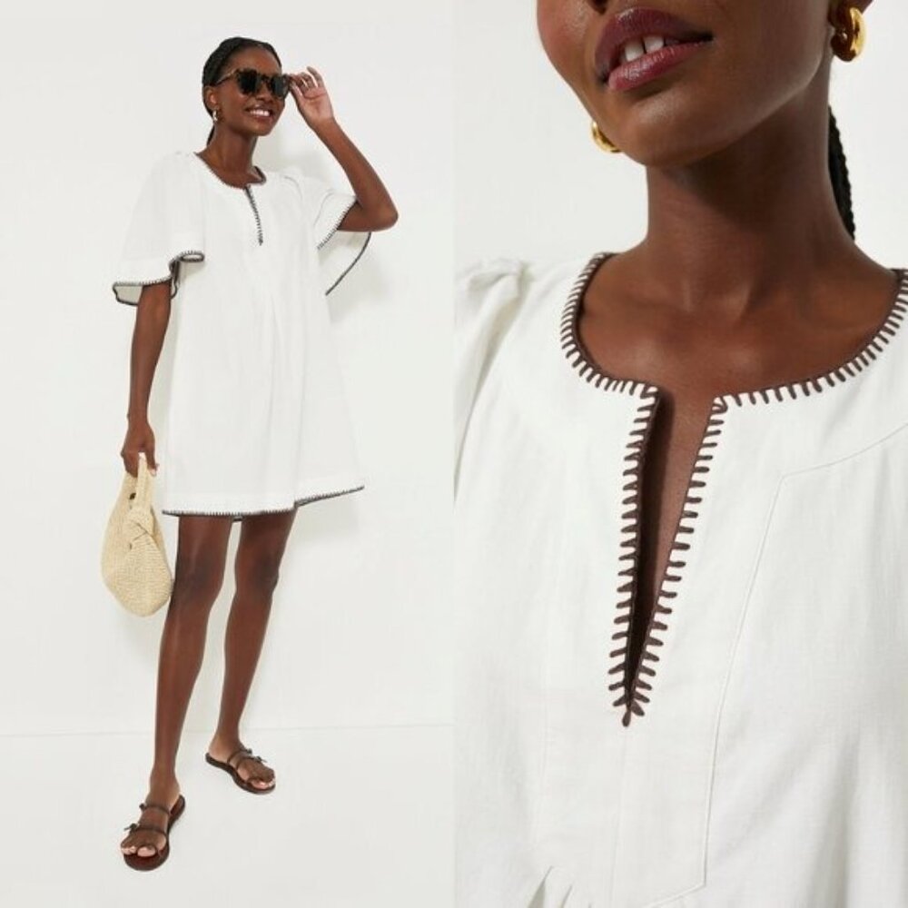 Pomander Place White Mini Dress with Brown Trim